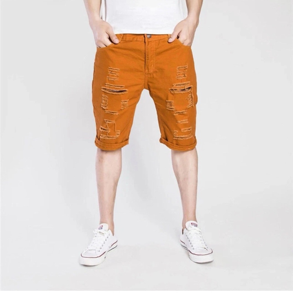 Summer Men Shorts Casual Denim Ripped Straight Shorts Half Jeans Medium Khaki